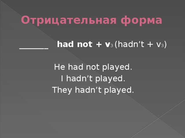 Отрицательная форма _______ had not + v 3 (hadn’t + v 3 ) He had not played. I hadn’t played. They hadn’t played.