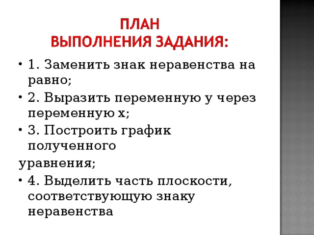 1 . Заменить знак неравенства на равно; 2. Выразить переменную у через переменную х; 3. Построить график полученного уравнения; 4. Выделить часть плоскости, соответствующую знаку неравенства