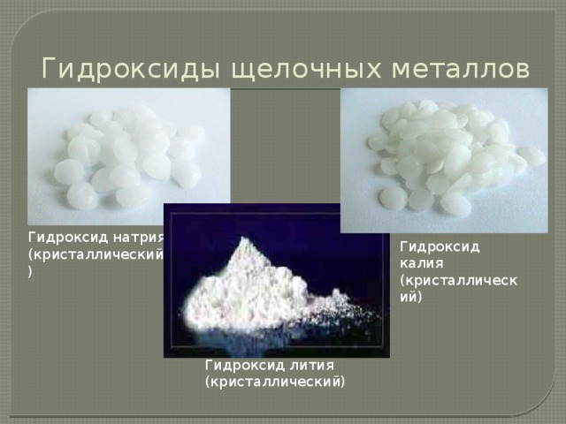 Гидроксид лития (кристаллический) Гидроксиды щелочных металлов Гидроксид натрия (кристаллический) Гидроксид калия (кристаллический)