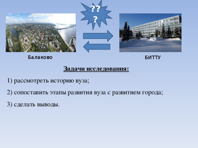 ??? Балаково БИТТУ Задачи исследования: 1) рассмотреть историю вуза; 2) сопоставить этапы развития вуза с развитием города; 3) сделать выводы.