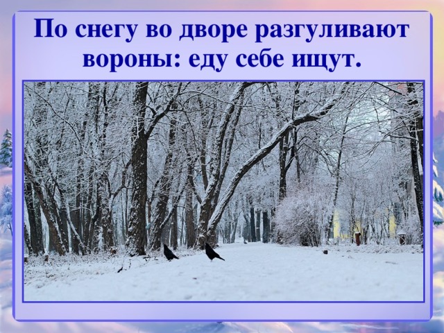 По снегу во дворе разгуливают вороны: еду себе ищут.