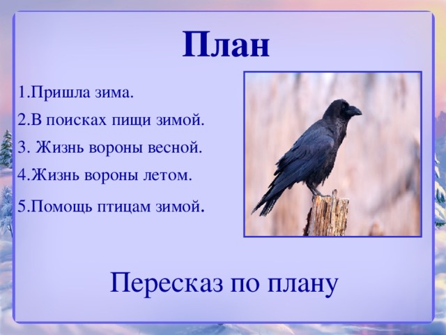 План 1.Пришла зима. 2.В поисках пищи зимой. 3. Жизнь вороны весной. 4.Жизнь вороны летом. 5.Помощь птицам зимой . Пересказ по плану