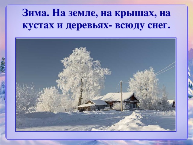 Зима. На земле, на крышах, на кустах и деревьях- всюду снег.