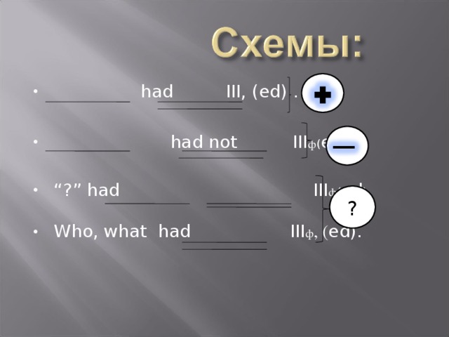 had  III, (ed) .   had not III ф ( ed ) .  “ ?” had III ф ( ed ) .  Who, what had III ф , ( ed).