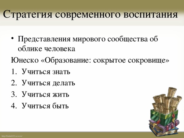 Стратегия современного воспитания Представления мирового сообщества об облике человека Юнеско «Образование: сокрытое сокровище»