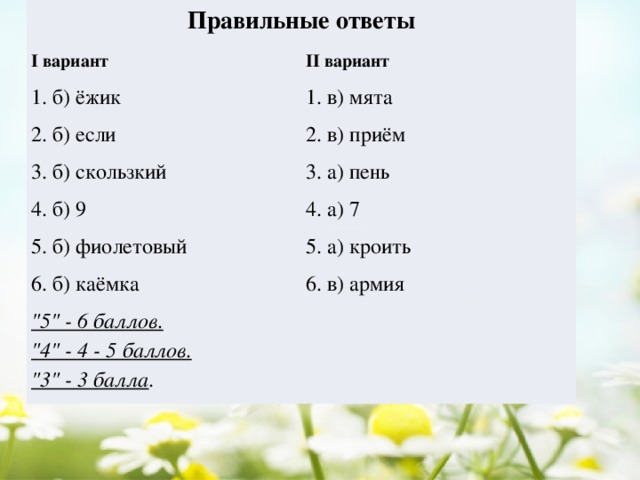 Правильные ответы I вариант II вариант 1. б) ёжик 1. в) мята 2. б) если 2. в) приём 3. б) скользкий 3. а) пень 4. б) 9 4. а) 7 5. б) фиолетовый 5. а) кроить 6. б) каёмка 