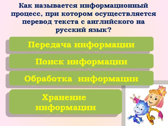 Как называется информационный процесс, при котором осуществляется перевод текста с английского на русский язык? Передача информации Поиск информации Обработка информации Хранение информации