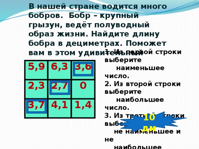 В нашей стране водится много бобров. Бобр – крупный грызун, ведёт полуводный образ жизни. Найдите длину бобра в дециметрах. Поможет вам в этом удивительный квадрат.  1. Из первой строки выберите  наименьшее число. 2. Из второй строки выберите  наибольшее число. 3. Из третьей строки выберите  не наименьшее и не  наибольшее число. 4. Найдите сумму трёх этих чисел 5,9 6,3 2,3 3,6 3,7 2,7 4,1 0 1,4 10 дм