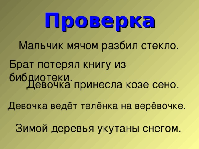 Проверка Мальчик мячом разбил стекло. Брат потерял книгу из  библиотеки.  Девочка принесла козе сено. Девочка ведёт телёнка на верёвочке.  Зимой деревья укутаны снегом.