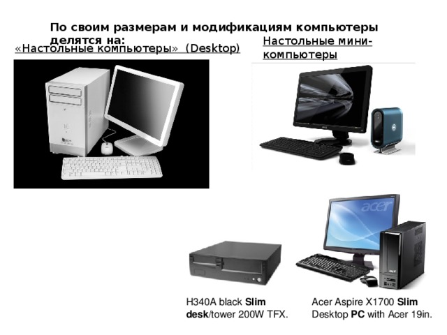 По своим размерам и модификациям компьютеры делятся на:   Настольные мини-компьютеры   ( Book PC , slim - desk ) «Настольные компьютеры» ( Desktop ) H340A black Slim  desk /tower 200W TFX. Acer Aspire X1700 Slim Desktop PC with Acer 19in.