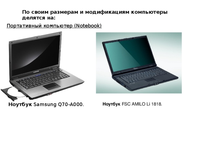 По своим размерам и модификациям компьютеры делятся на:   Портативный компьютер (Notebook) Ноутбук Samsung Q70-A000. Ноутбук FSC AMILO Li 1818.