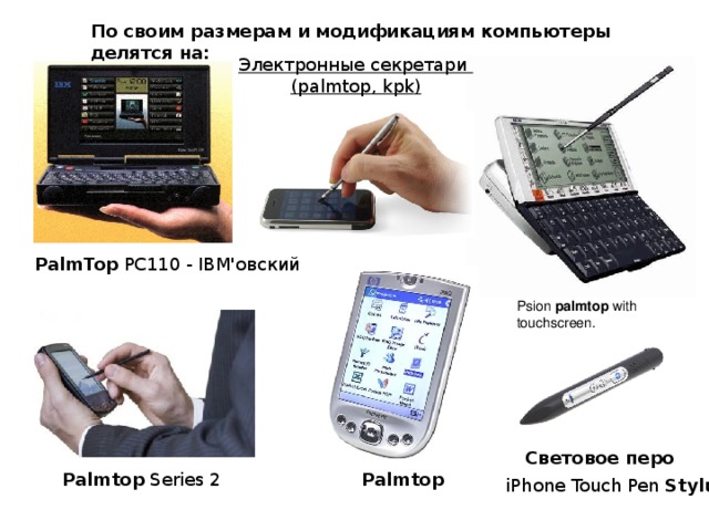 По своим размерам и модификациям компьютеры делятся на:   Электронные секретари  ( palmtop , kpk ) PalmTop PC110 - IBM'овский Psion palmtop with touchscreen. Световое перо Palmtop Series 2 Palmtop iPhone Touch Pen Stylus
