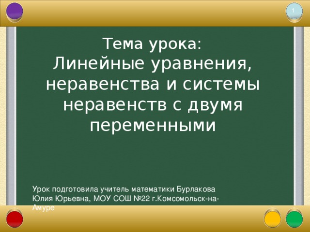 Тема урока:  Линейные уравнения, неравенства и системы неравенств с двумя переменными Урок подготовила учитель математики Бурлакова Юлия Юрьевна, МОУ СОШ №22 г.Комсомольск-на-Амуре