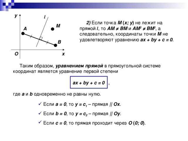 y l  2) Если точка M ( x; y ) не лежит на прямой l , то AM ≠ BM и AM 2  ≠ BM 2 , а следовательно, координаты точки M не удовлетворяют уравнению ax + by + c = 0 . M A B O x  Таким образом, уравнением прямой в прямоугольной системе координат является уравнение первой степени ax + by + c = 0 , где a и b одновременно не равны нулю.