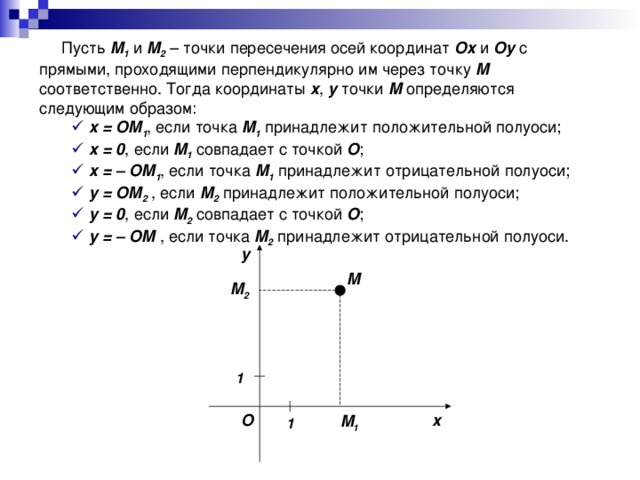 Пусть M 1 и M 2 – точки пересечения осей координат Ox и Oy с прямыми, проходящими перпендикулярно им через точку M соответственно. Тогда координаты x , y точки M определяются следующим образом:  x = OM 1 , если точка M 1 принадлежит положительной полуоси;  x = 0 , если M 1 совпадает с точкой O ;  x = – OM 1 , если точка M 1 принадлежит отрицательной полуоси;  y = OM 2 , если M 2 принадлежит положительной полуоси;  y = 0 , если M 2 совпадает с точкой О ;  y = – OM , если точка M 2 принадлежит отрицательной полуоси.  x = OM 1 , если точка M 1 принадлежит положительной полуоси;  x = 0 , если M 1 совпадает с точкой O ;  x = – OM 1 , если точка M 1 принадлежит отрицательной полуоси;  y = OM 2 , если M 2 принадлежит положительной полуоси;  y = 0 , если M 2 совпадает с точкой О ;  y = – OM , если точка M 2 принадлежит отрицательной полуоси. y M M 2 1 O x M 1 1