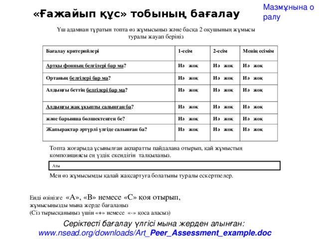 Мазмұнына оралу  «Ғажайып құс» тобының бағалау парағы Үш адамнан тұратын топта өз жұмысыңыз және басқа 2 оқушының жұмысы туралы жауап беріңіз Бағалау критерийлері 1-есім Артқы фонның белгілері бар ма ? Ортаның белгілері бар ма ? 2-есім Иә жоқ Алдыңғы беттің белгілері бар ма ?  Менің есімім Иә жоқ Иә жоқ Алдыңғы жақ ұқыпты салынған ба ? Иә жоқ Иә жоқ Иә жоқ және барынша бөлшектенген бе? Иә жоқ Иә жоқ Иә жоқ Иә жоқ Иә жоқ Иә жоқ Жапырақтар әртүрлі үлгіде салынған ба? Иә жоқ Иә жоқ Иә жоқ  Иә жоқ Иә жоқ Иә жоқ Топта жоғарыда ұсынылған ақпаратты пайдалана отырып, қай жұмыстың композициясы ең үздік екендігін талқылаңыз. Аты Мен өз жұмысымды қалай жақсартуға болатыны туралы ескертпелер. Енді өзіңізге «А», «В» немесе «С» қоя отырып, жұмысыңызды мына жерде бағалаңыз (Сіз тырысқаныңыз үшін «+» немесе «-» қоса аласыз) Серіктесті бағалау үлгісі мына жерден алынған: www.nsead.org/downloads/Art_ Peer _ Assessment _ example .doc