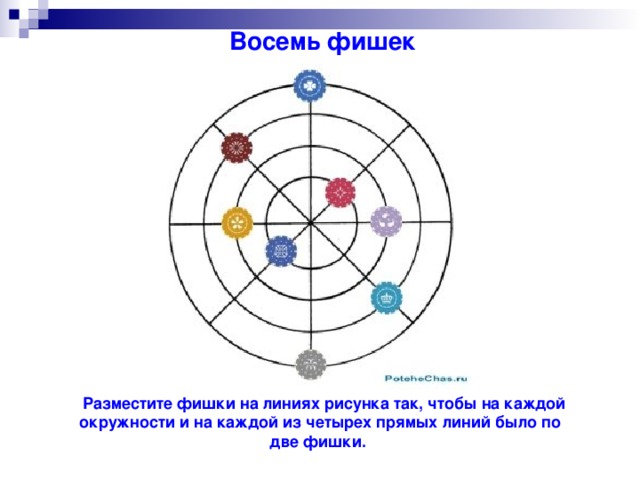 Восемь фишек   Разместите фишки на линиях рисунка так, чтобы на каждой окружности и на каждой из четырех прямых линий было по две фишки.
