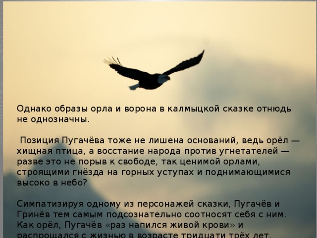 Однако образы орла и ворона в калмыцкой сказке отнюдь не однозначны.  Позиция Пугачёва тоже не лишена оснований, ведь орёл — хищная птица, а восстание народа против угнетателей — разве это не порыв к свободе, так ценимой орлами, строящими гнёзда на горных уступах и поднимающимися высоко в небо?   Симпатизируя одному из персонажей сказки, Пугачёв и Гринёв тем самым подсознательно соотносят себя с ним. Как орёл, Пугачёв «раз напился живой крови» и распрощался с жизнью в возрасте тридцати трёх лет.