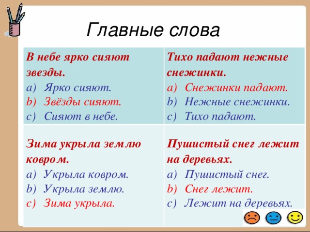 Главные слова В небе ярко сияют звезды. Ярко сияют. Звёзды сияют. Сияют в небе. Тихо падают нежные снежинки. Снежинки падают. Нежные снежинки. Тихо падают. Зима укрыла землю ковром. Укрыла ковром. Укрыла землю. Зима укрыла. Пушистый снег лежит на деревьях.  Пушистый снег. Снег лежит. Лежит на деревьях.