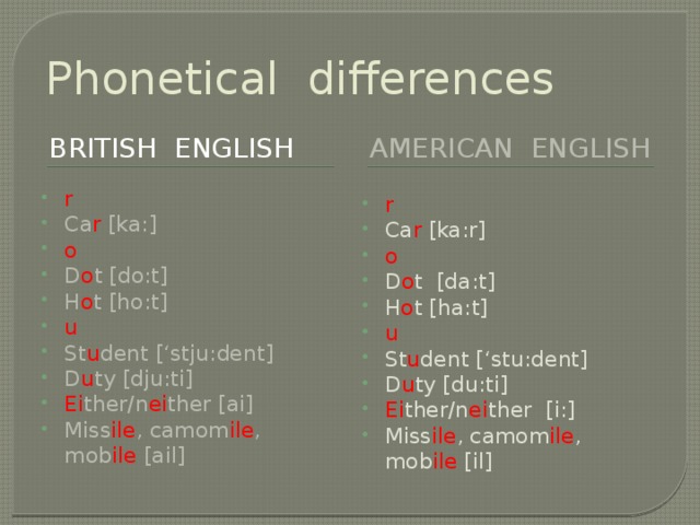 Phonetical differences British english American english