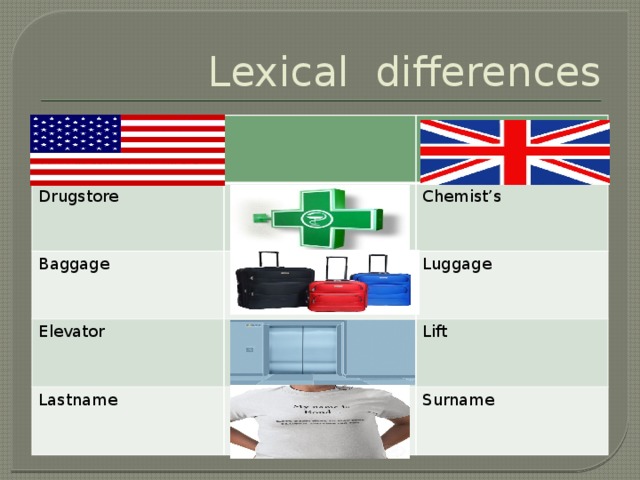 Lexical differences Drugstore Baggage Chemist’s Elevator Luggage Lastname Lift Surname