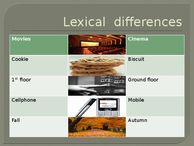 Lexical differences Movies Cookie Cinema 1 ST floor Biscuit Cellphone Ground floor Fall Mobile Autumn