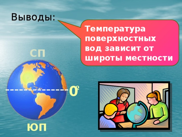 Выводы: Температура поверхностных вод зависит от широты местности СП 0  º ЮП 32