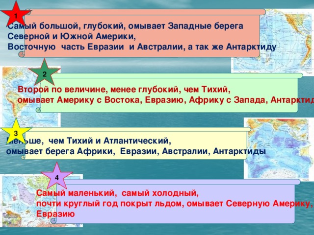 1  Самый большой, глубокий, омывает Западные берега Северной и Южной Америки, Восточную часть Евразии и Австралии, а так же Антарктиду  2  Второй по величине, менее глубокий, чем Тихий, омывает Америку с Востока, Евразию, Африку с Запада, Антарктиду  3  Меньше, чем Тихий и Атлантический, омывает берега Африки, Евразии, Австралии, Антарктиды  4  Самый маленький, самый холодный, почти круглый год покрыт льдом, омывает Северную Америку, Евразию