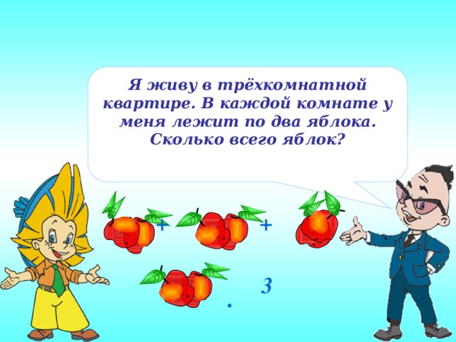 + + Я живу в трёхкомнатной квартире. В каждой комнате у меня лежит по два яблока. Сколько всего яблок? 3 .