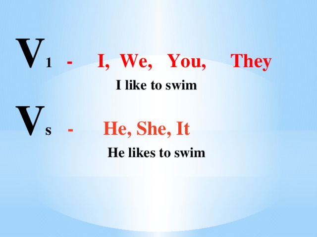 V 1  - I, We, You, They I like to swim V s  - He, She, It He likes to swim