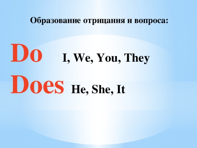 Образование отрицания и вопроса:  Do I, We, You, They Does He, She, It