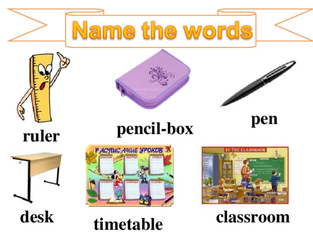 pen   pencil-box  ruler desk classroom timetable