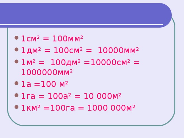 1см² = 100мм² 1дм² = 100см² = 10000мм² 1м² = 100дм² =10000см² = 1000000мм² 1а =100 м² 1га = 100а² = 10 000м² 1км² =100га = 1000 000м²