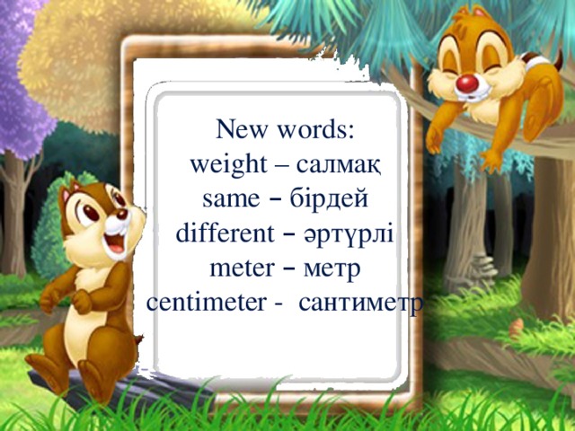 New words: weight – салмақ same – бірдей different – әртүрлі meter – метр centimeter - сантиметр