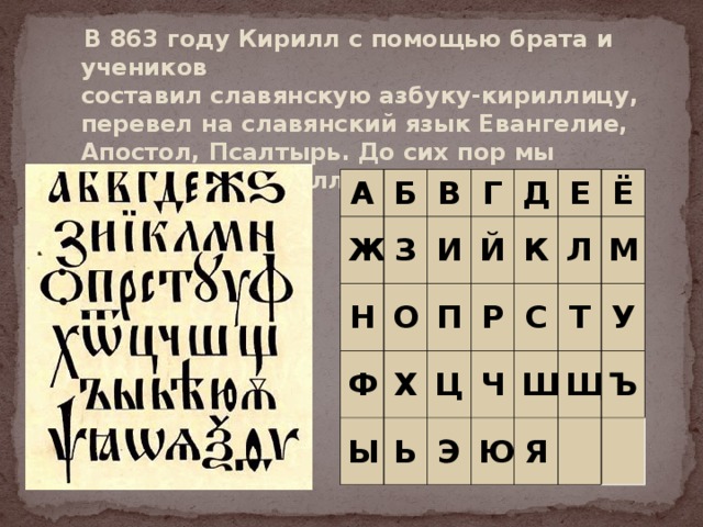 В 863 году Кирилл с помощью брата и учеников  составил славянскую азбуку-кириллицу, перевел на славянский язык Евангелие, Апостол, Псалтырь. До сих пор мы пользуемся кириллицей. А Б Ж В Н З О Г И Ф Ы Х Й Д П Р Ь Е К Ц Э Ч Ё Л С Т Ю М Ш У Я Щ Ъ