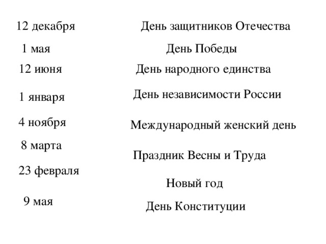 День защитников Отечества 12 декабря 1 мая День Победы 12 июня День народного единства День независимости России 1 января 4 ноября Международный женский день 8 марта Праздник Весны и Труда 23 февраля Новый год 9 мая День Конституции