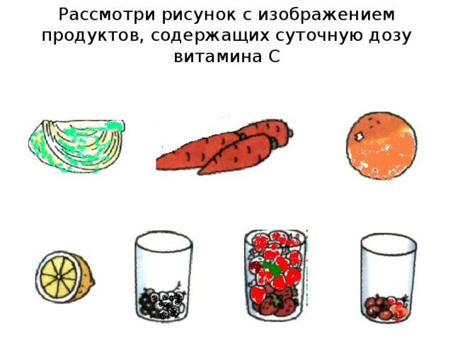 Рассмотри рисунок с изображением продуктов, содержащих суточную дозу витамина С