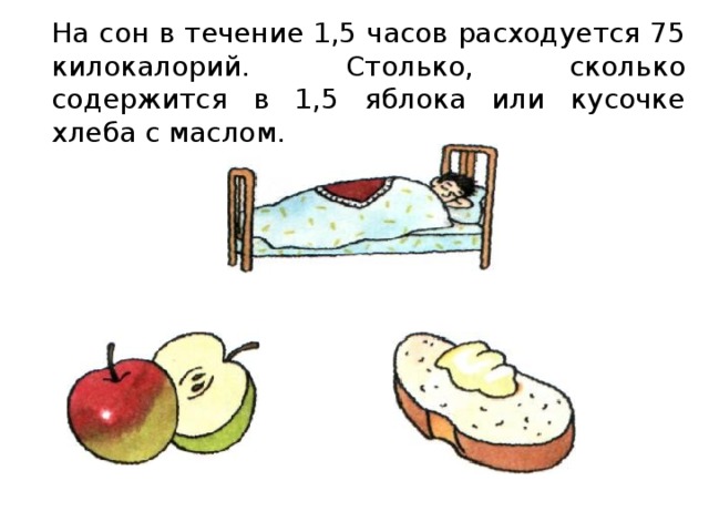 На сон в течение 1,5 часов расходуется 75 килокалорий. Столько, сколько содержится в 1,5 яблока или кусочке хлеба с маслом.