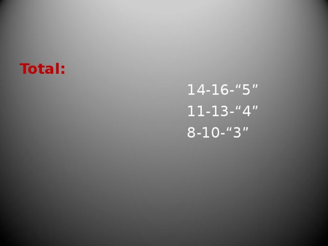 Total:  14-16-“5”  11-13-“4”  8-10-“3”  