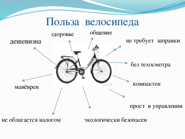 Польза велосипеда общение здоровье не требует заправки дешевизна без техосмотра компактен манёврен прост в управлении экологически безопасен не облагается налогом