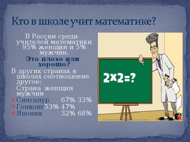В России среди учителей математики 95% женщин и 5% мужчин.  Это плохо или хорошо? В других странах в школах соотношение другое:  Страна  женщин  мужчин
