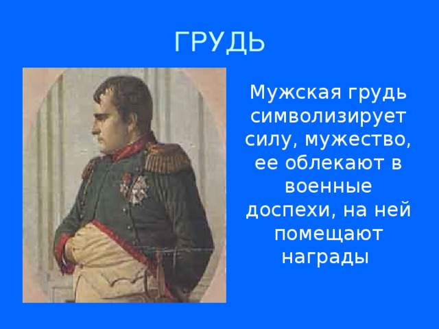 ГРУДЬ Мужская грудь символизирует силу, мужество, ее облекают в военные доспехи, на ней помещают награды  Мужская грудь символизирует силу, мужество, ее облекают в военные доспехи, на ней помещают награды