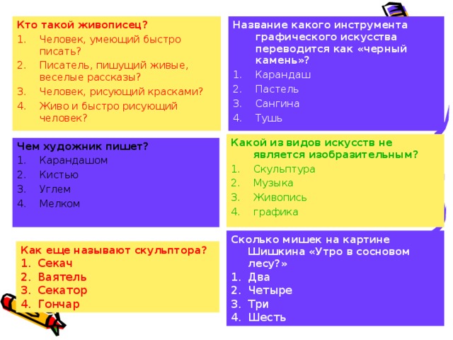 Кто такой живописец? Название какого инструмента графического искусства переводится как «черный камень»? Человек, умеющий быстро писать? Писатель, пишущий живые, веселые рассказы? Человек, рисующий красками? Живо и быстро рисующий человек? Карандаш Пастель Сангина Тушь Какой из видов искусств не является изобразительным? Скульптура Музыка Живопись графика Чем художник пишет? Карандашом Кистью Углем Мелком  Сколько мишек на картине Шишкина «Утро в сосновом лесу?» Два Четыре Три Шесть Как еще называют скульптора?