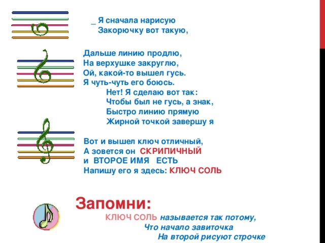 _ Я сначала нарисую     Закорючку вот такую, Дальше линию продлю,  На верхушке закруглю,  Ой, какой-то вышел гусь.  Я чуть-чуть его боюсь.            Нет! Я сделаю вот так:             Чтобы был не гусь, а знак,            Быстро линию прямую            Жирной точкой завершу я Вот и вышел ключ отличный,  А зовется он   СКРИПИЧНЫЙ  и  ВТОРОЕ ИМЯ   ЕСТЬ  Напишу его я здесь:  КЛЮЧ СОЛЬ Запомни:               КЛЮЧ СОЛЬ   называется так потому,                                 Что начало завиточка                                      На второй рисуют строчке