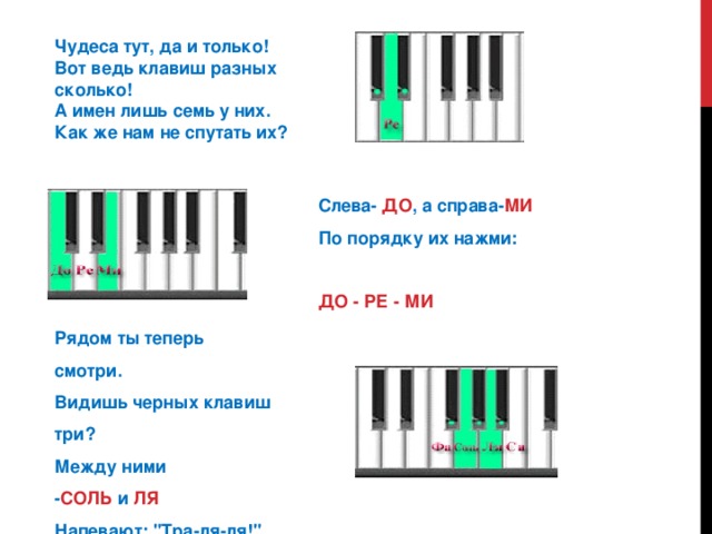 Чудеса тут, да и только!   Вот ведь клавиш разных сколько!  А имен лишь семь у них.  Как же нам не спутать их? Слева-  ДО , а справа- МИ  По порядку их нажми:              ДО - РЕ - МИ Рядом ты теперь смотри.  Видишь черных клавиш три?  Между ними - СОЛЬ  и  ЛЯ  Напевают: 