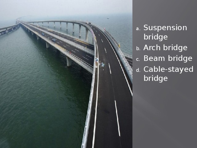 Suspension bridge Arch bridge Beam bridge Cable-stayed bridge