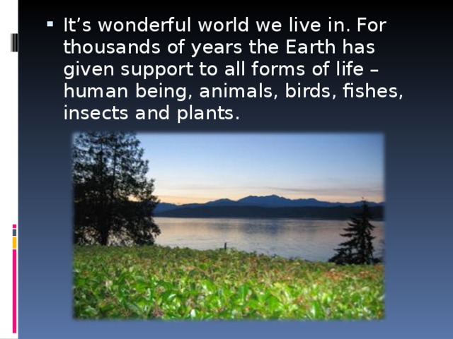 It’s wonderful world we live in. For thousands of years the Earth has given support to all forms of life – human being, animals, birds, fishes, insects and plants.