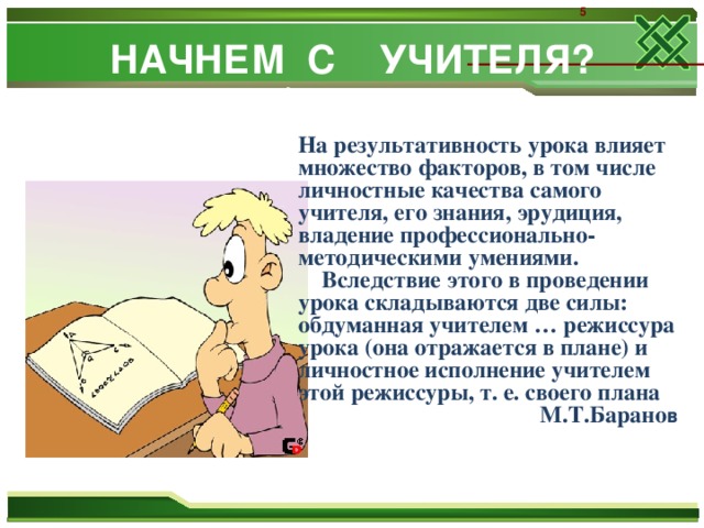 5 НАЧНЕМ С УЧИТЕЛЯ?   обучающихся На результативность урока влияет множество факторов, в том числе личностные качества самого учителя, его знания, эрудиция, владение профессионально-методическими умениями.  Вследствие этого в проведении урока складываются две силы: обдуманная учителем … режиссура урока (она отражается в плане) и личностное исполнение учителем этой режиссуры, т. е. своего плана М.Т.Барано в