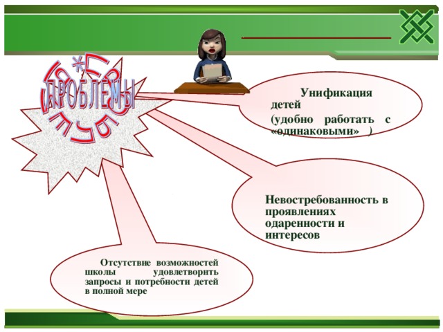 Унификация детей (удобно работать с «одинаковыми» )    Невостребованность в проявлениях одаренности и интересов   Отсутствие возможностей школы удовлетворить запросы и потребности детей в полной мере