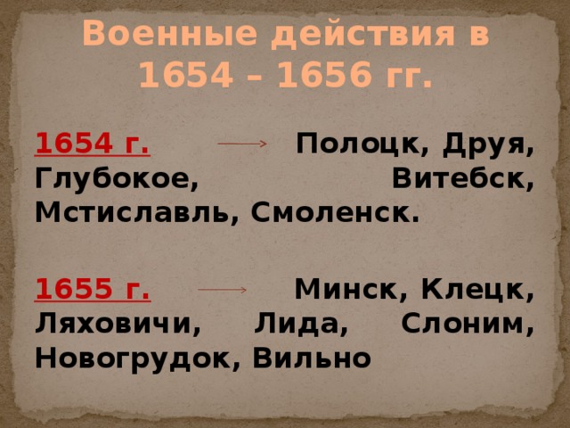 Военные действия в 1654 – 1656 гг.  1654 г. Полоцк, Друя, Глубокое, Витебск, Мстиславль, Смоленск.  1655 г. Минск, Клецк, Ляховичи, Лида, Слоним, Новогрудок, Вильно